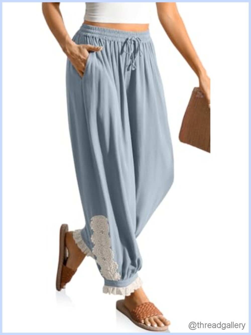 Linen Blend Harem Pants with Lace Trim
